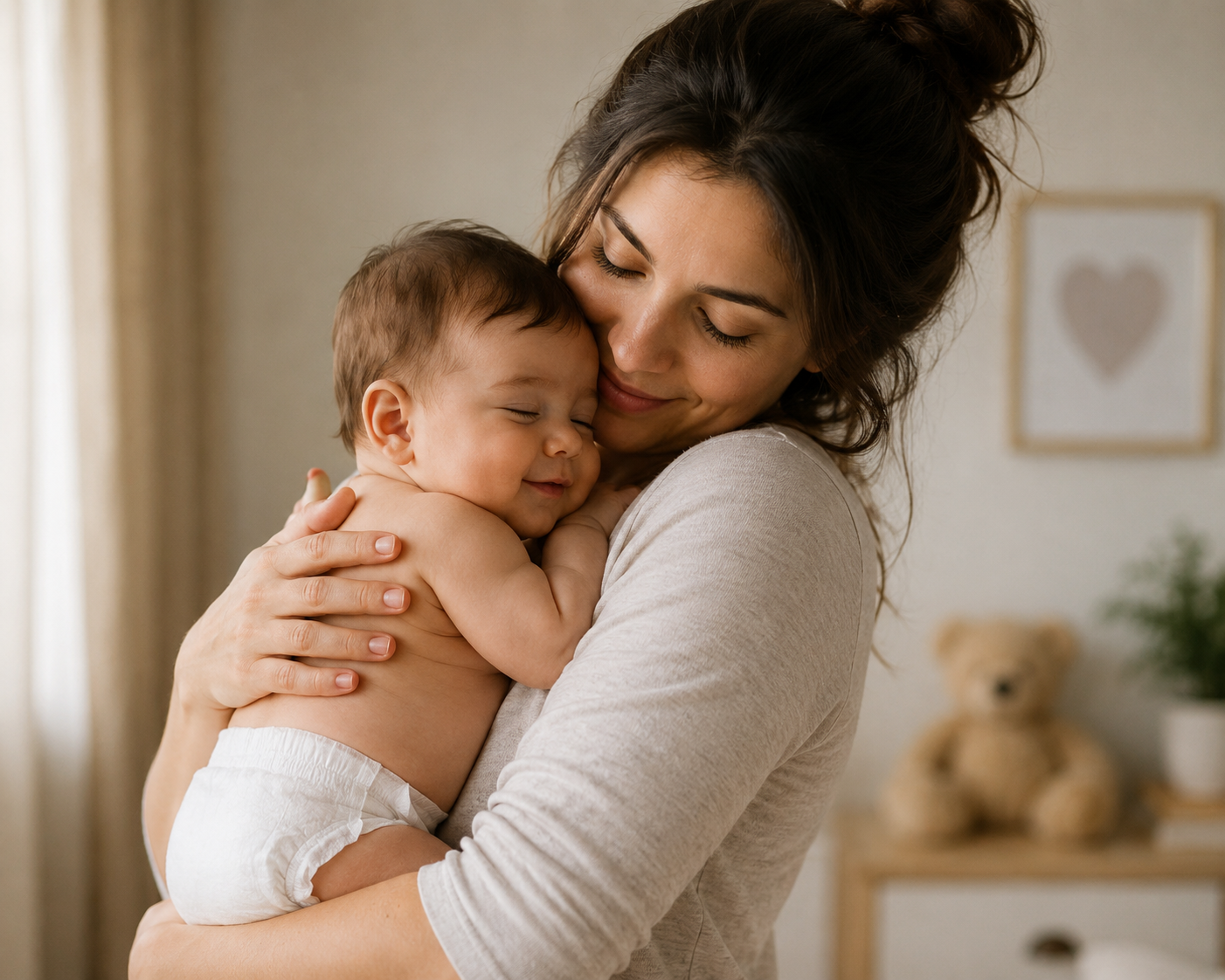 Mother hugging baby